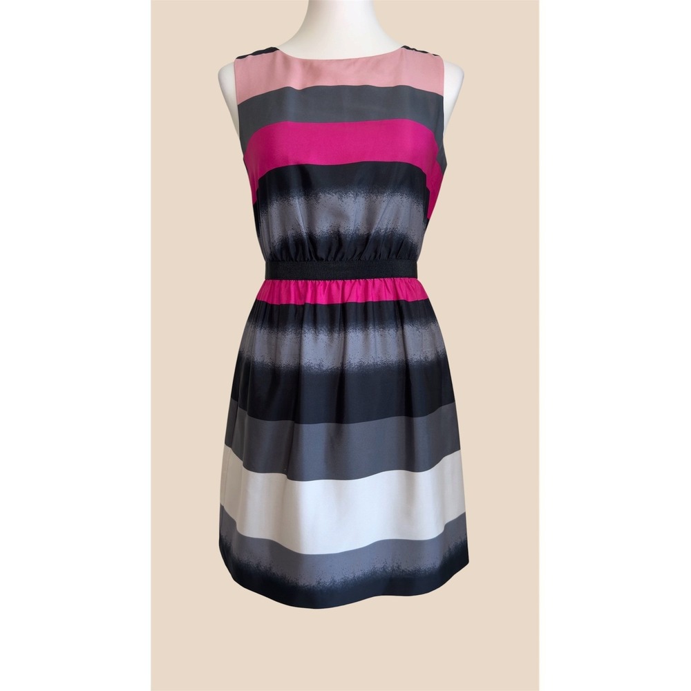 LOFT Petites Pink Grey Striped Sleeveless Fit and Flare Dress Size Small Petite - Picture 6 of 12